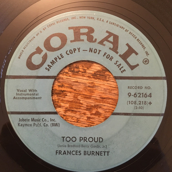 Frances Burnett : Too Proud / I Love Him So (Fire Fly) (7", Single, Promo)